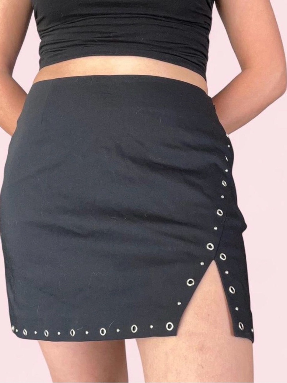 Black Grommet Mini Skirt with Side Slit